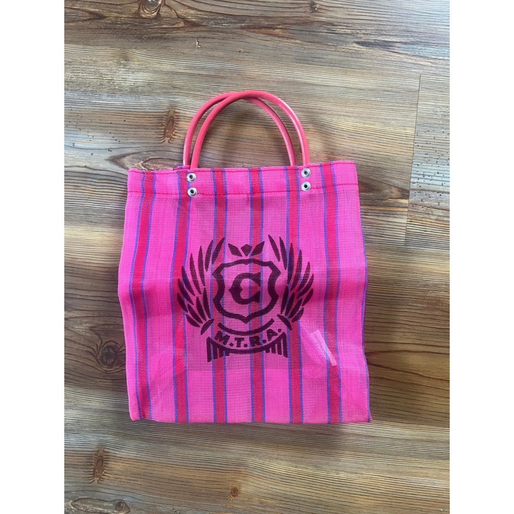Consuela Pink Striped Mesh Market Tote Bag Graphic Crest Logo Mini Tote